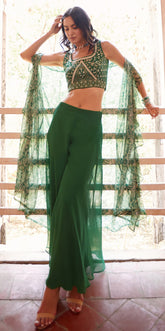 Green Designer sharara style inspired dress on pure georgette with detailed mirror, thread, hand embellished work